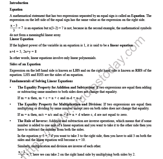 CBSE Class 8 Maths Linear Equations in One Variable Worksheet